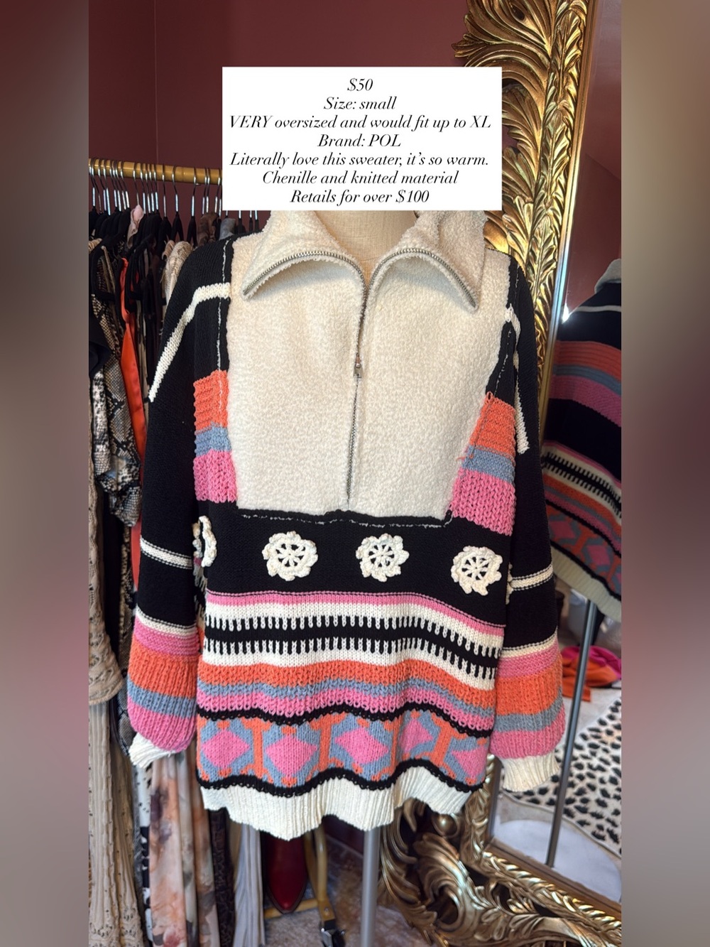 POL Colorblock Chenille Knit Pullover in Black, Cream, Pink & Coral